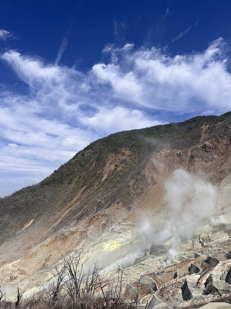 迫力満点、大涌谷の噴煙と岩肌