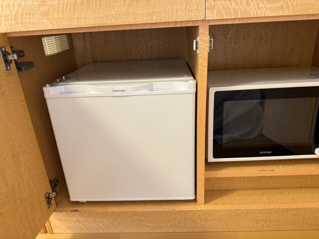 棚の中に収納された冷蔵庫と電子レンジ
